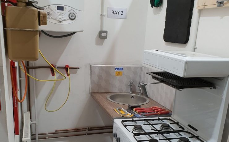 gas cooker in a small kitchen space at a test centre