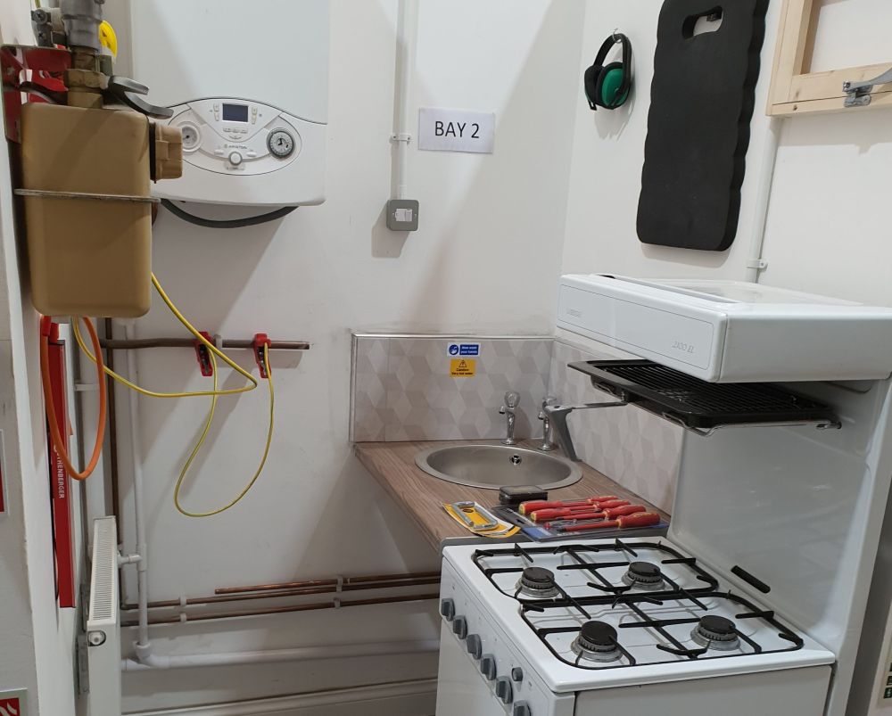 gas cooker in a small kitchen space at a test centre